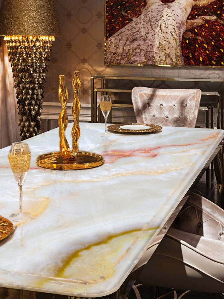 Luxury Dark Marble Dining Table Set | Modern Square Design with Stainless Steel Base