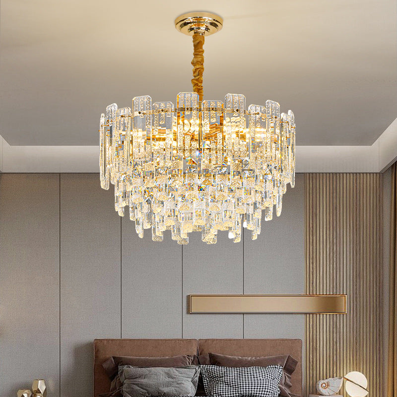 Round Crystal LED Chandelier | Gold Hanging Light Luxury Pendant for Living Room with Dimmer and Multi Color Temperature