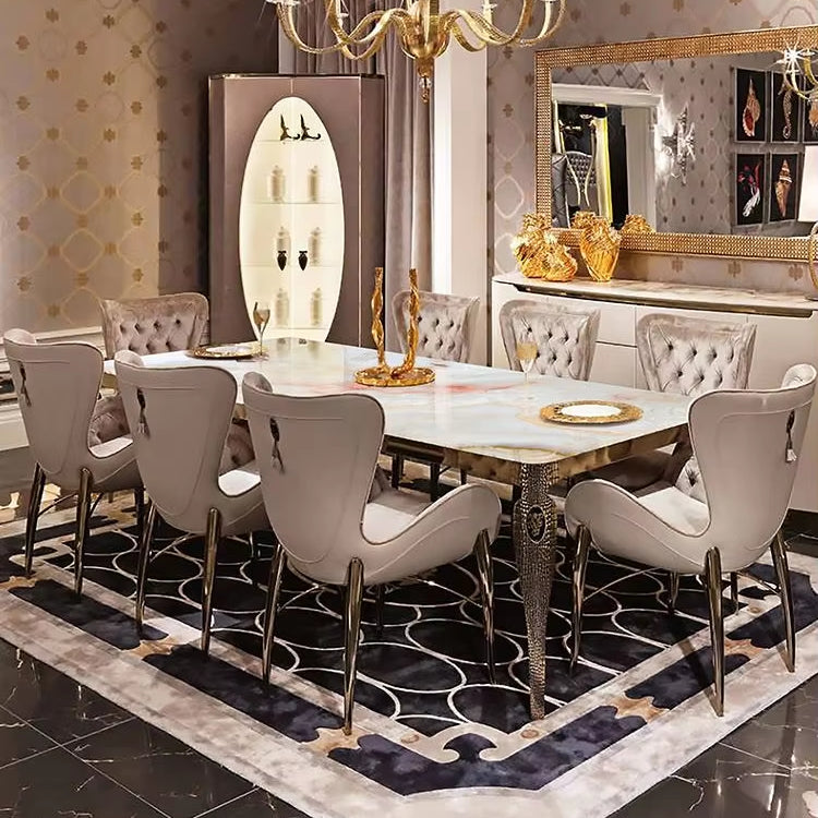 Luxury Dark Marble Dining Table Set | Modern Square Design with Stainless Steel Base