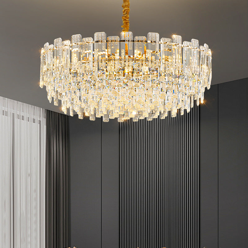 Round Crystal LED Chandelier | Gold Hanging Light Luxury Pendant for Living Room with Dimmer and Multi Color Temperature