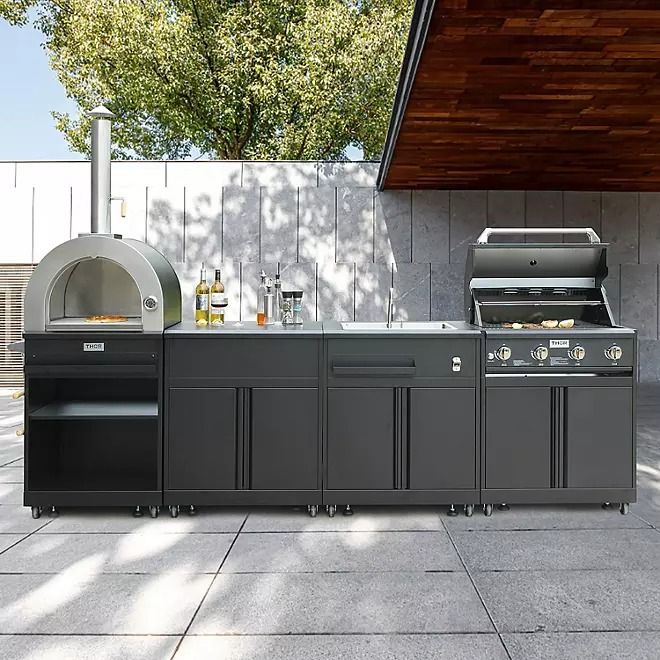 Outdoor Stainless Steel Kitchen Set | Black BBQ Corner Cabinet with Sink Grill Space and Pizza Oven Area