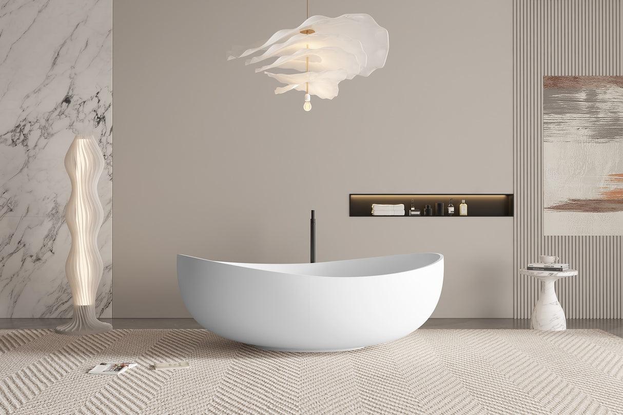 Matt White Freestanding Bathtub | Solid Surface Soaking Tub Artificial Stone Modern Design