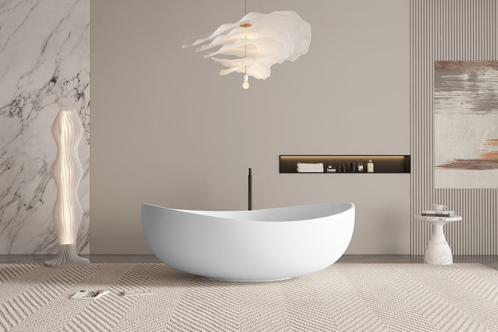 Matt White Freestanding Bathtub | Solid Surface Soaking Tub Artificial Stone Modern Design