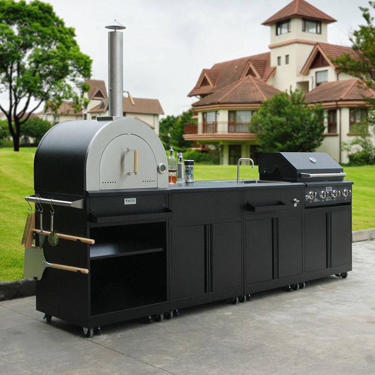 Outdoor Stainless Steel Kitchen Set | Black BBQ Corner Cabinet with Sink Grill Space and Pizza Oven Area