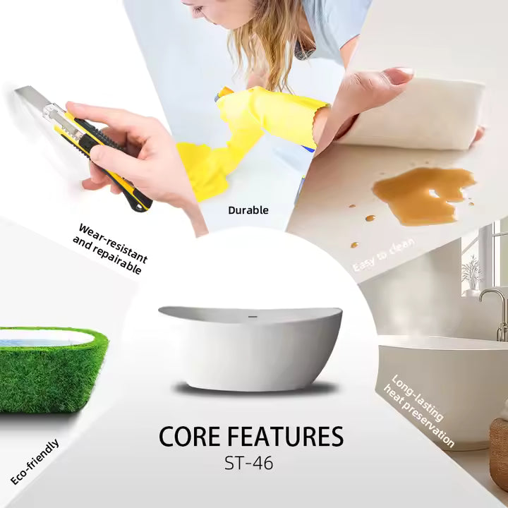 Freestanding Oval Stone Bathtub | Indoor Outdoor Use Artificial Stone Modern Design Center Drain