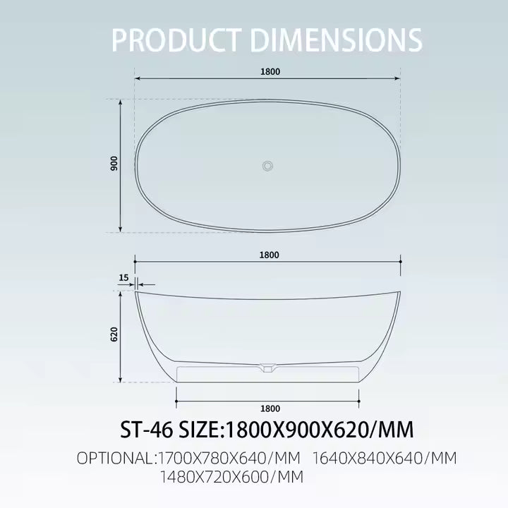 Freestanding Oval Stone Bathtub | Indoor Outdoor Use Artificial Stone Modern Design Center Drain