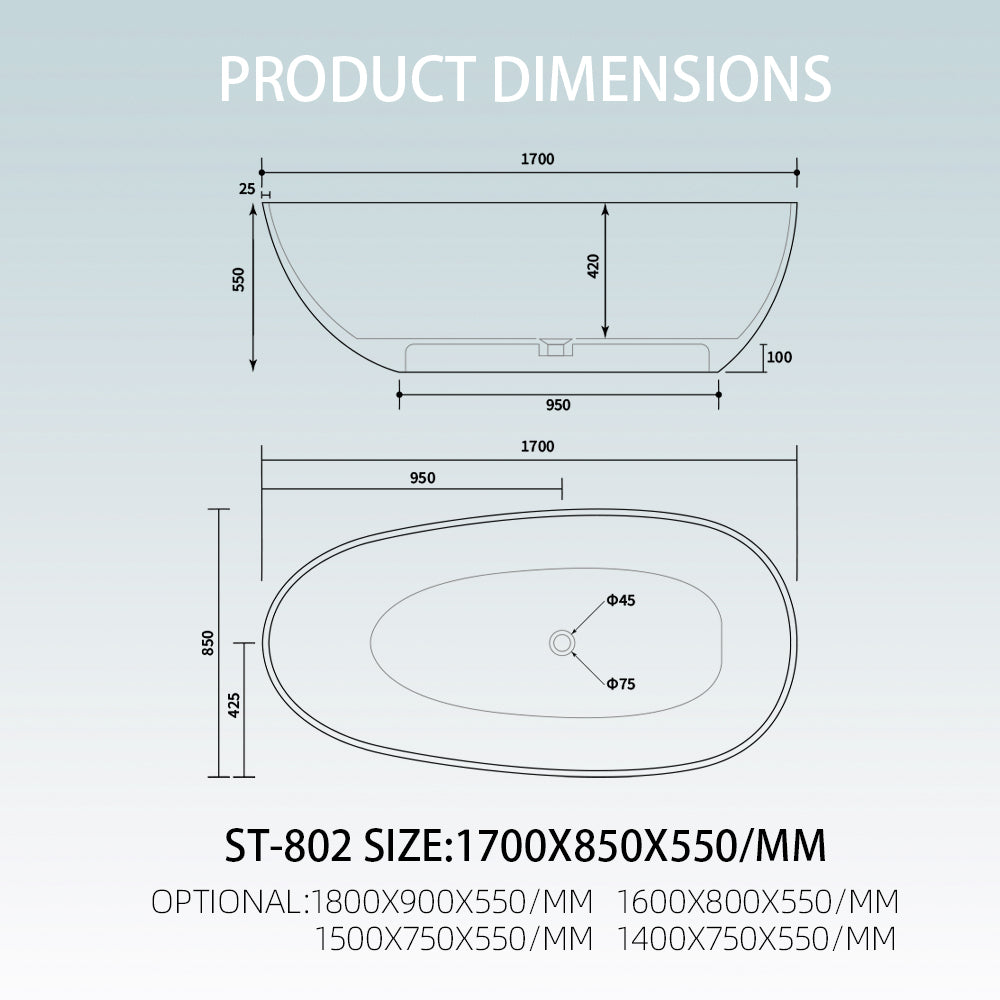 Oval Stone Bathtub | Indoor Outdoor Use Artificial Stone Modern Design Center Drain