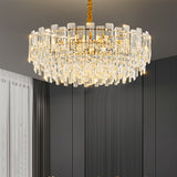 Round Crystal LED Chandelier | Gold Hanging Light Luxury Pendant for Living Room with Dimmer and Multi Color Temperature