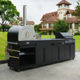 Outdoor Stainless Steel Kitchen Set | Black BBQ Corner Cabinet with Sink Grill Space and Pizza Oven Area